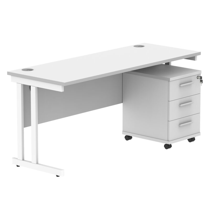 Double Upright Rectangular Desk + 3 Drawer Mobile Under Desk Pedestal | 1600X600 | Arctic White/White