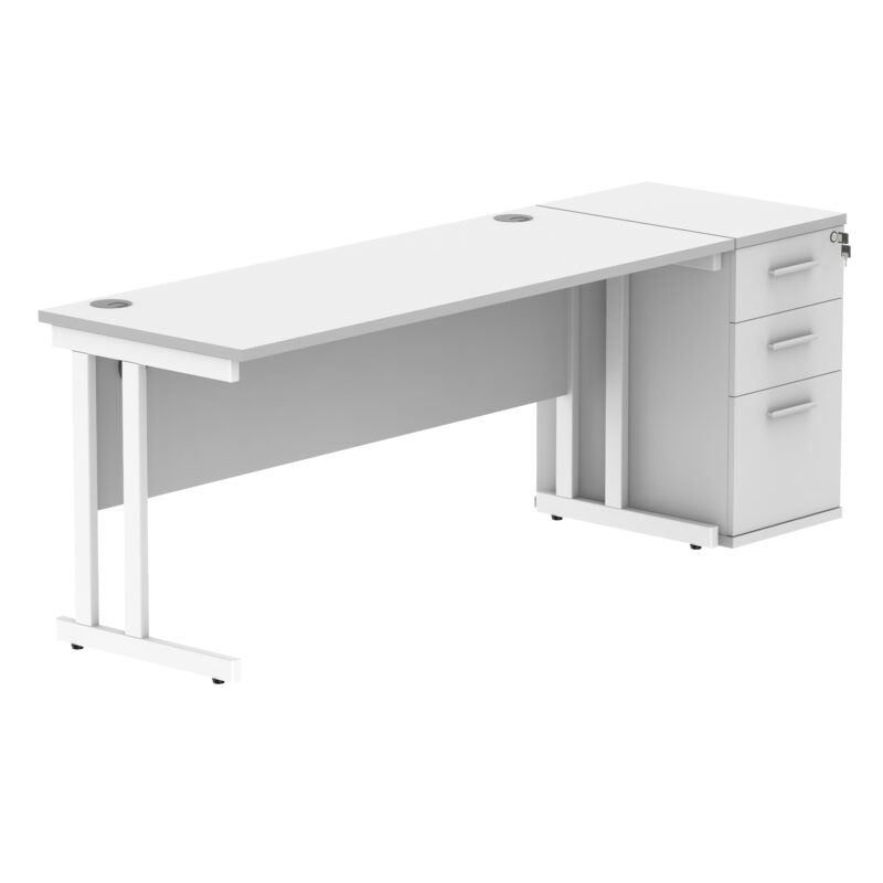 Double Upright Rectangular Desk + Desk High Pedestal | 1600X600 | Arctic White/White