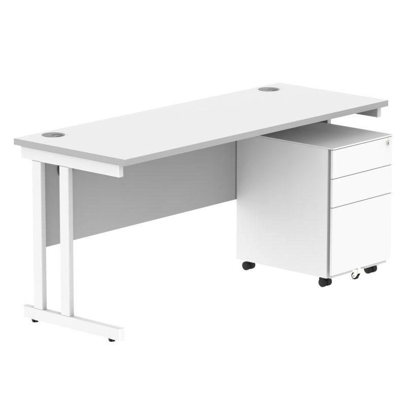 Double Upright Rectangular Desk + Under Desk Steel Pedestal 3 Drawers | 1600X600 | Arctic White/White