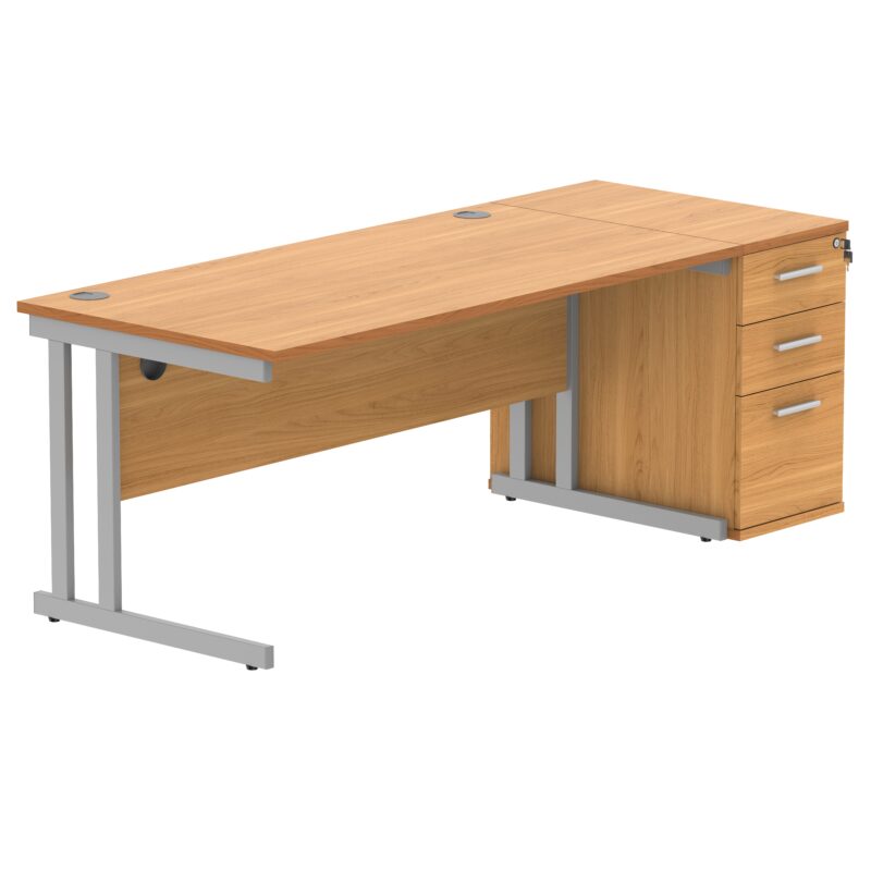 Double Upright Rectangular Desk + Desk High Pedestal | 1600X800 | Norwegian Beech/Silver