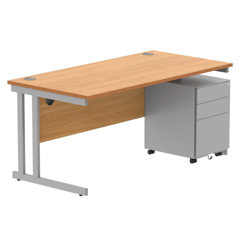 Double Upright Rectangular Desk + Under Desk Steel Pedestal 3 Drawers | 1600X800 | Norwegian Beech/Silver