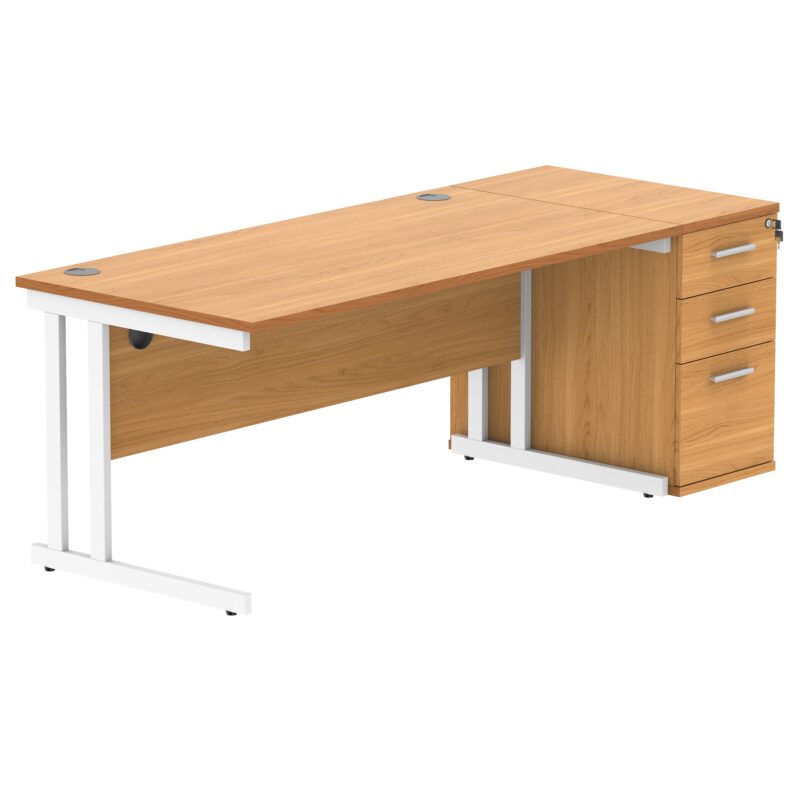 Double Upright Rectangular Desk + Desk High Pedestal | 1600X800 | Norwegian Beech/White