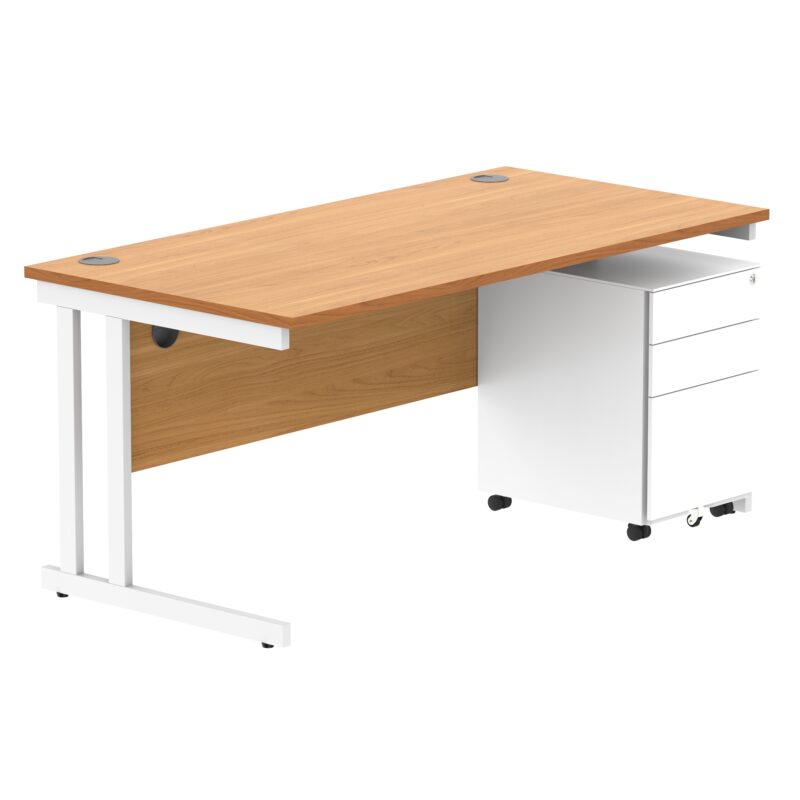 Double Upright Rectangular Desk + Under Desk Steel Pedestal 3 Drawers | 1600X800 | Norwegian Beech/White