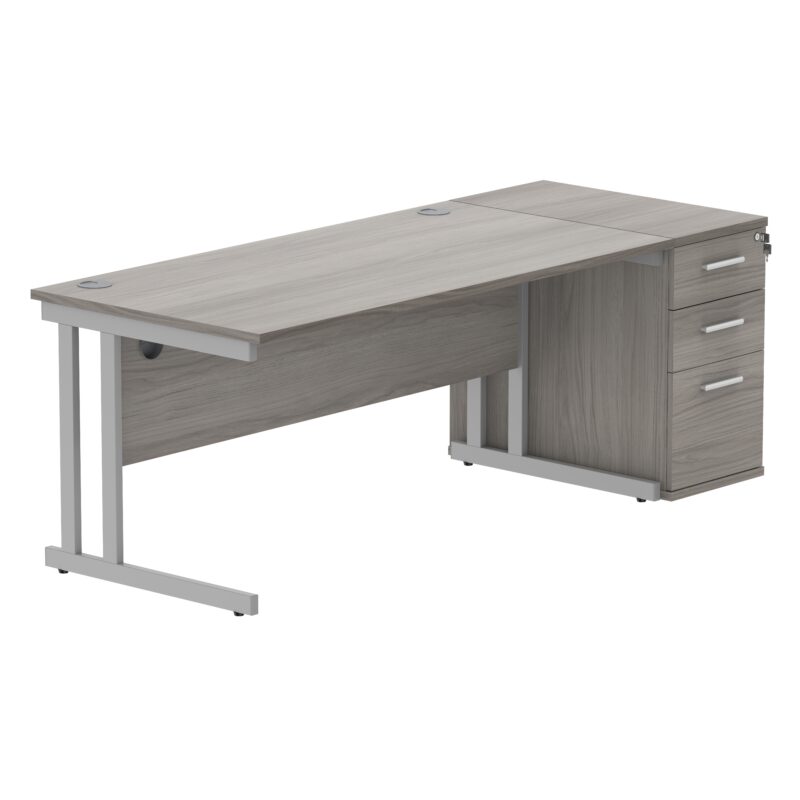 Double Upright Rectangular Desk + Desk High Pedestal | 1600X800 | Alaskan Grey Oak/Silver