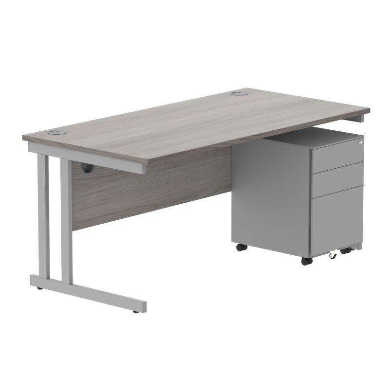 Double Upright Rectangular Desk + Under Desk Steel Pedestal 3 Drawers | 1600X800 | Alaskan Grey Oak/Silver