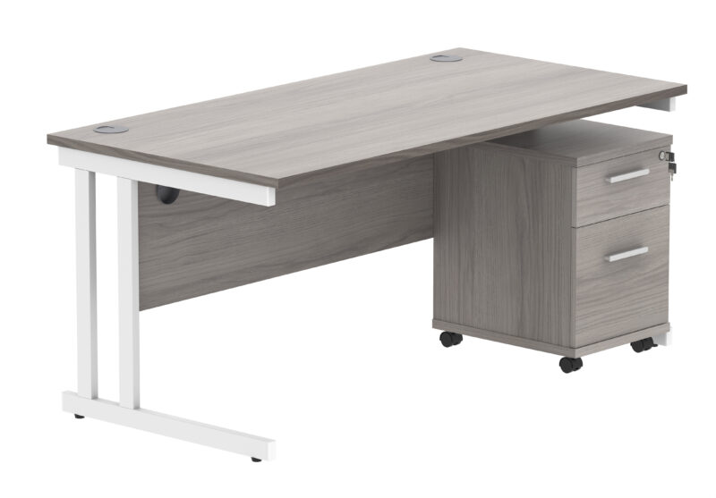 Double Upright Rectangular Desk + 2 Drawer Mobile Under Desk Pedestal | 1600X800 | Alaskan Grey Oak/White