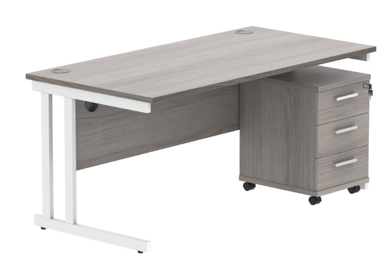 Double Upright Rectangular Desk + 3 Drawer Mobile Under Desk Pedestal | 1600X800 | Alaskan Grey Oak/White