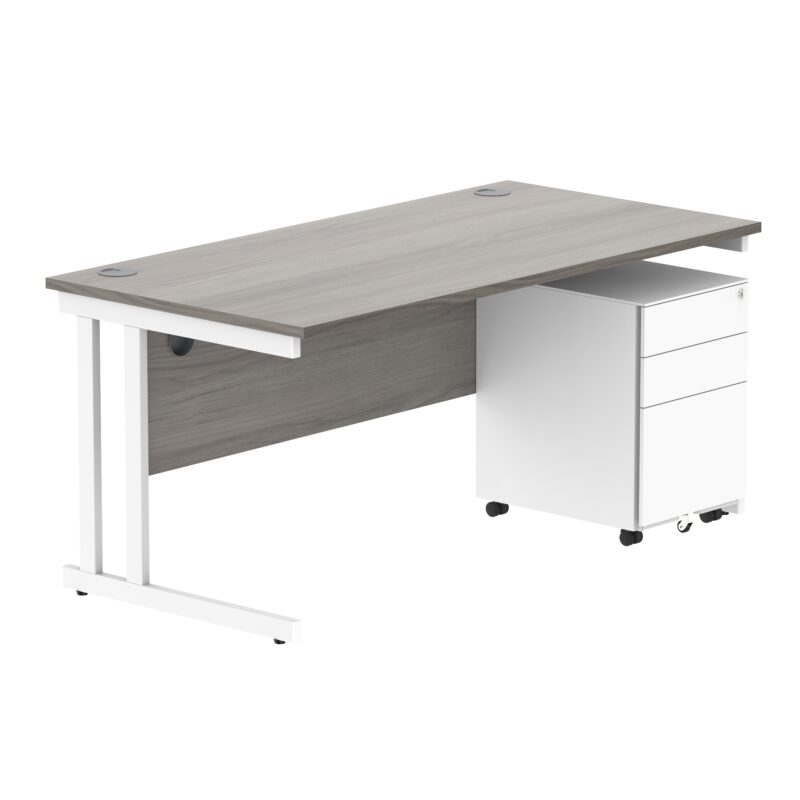 Double Upright Rectangular Desk + Under Desk Steel Pedestal 3 Drawers | 1600X800 | Alaskan Grey Oak/White