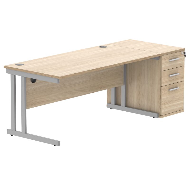 Double Upright Rectangular Desk + Desk High Pedestal | 1600X800 | Canadian Oak/Silver