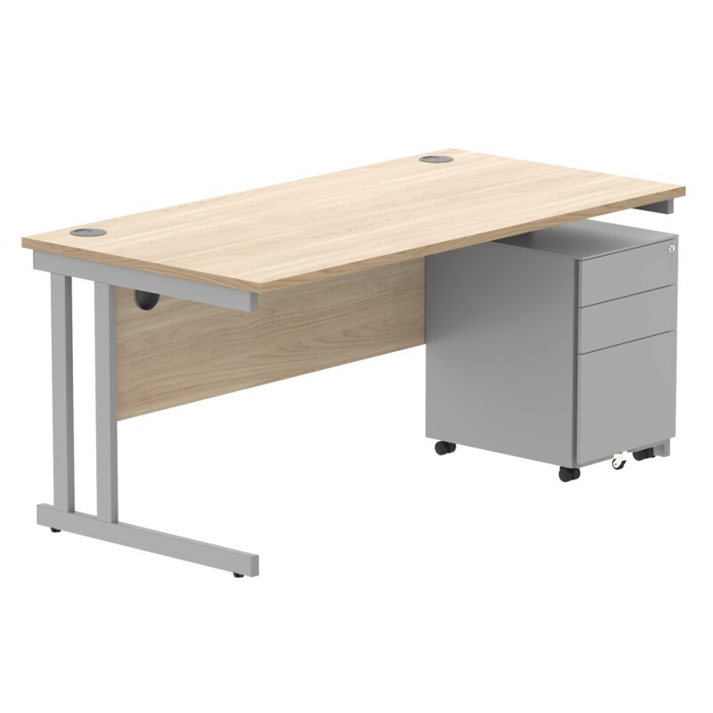 Double Upright Rectangular Desk + Under Desk Steel Pedestal 3 Drawers | 1600X800 | Canadian Oak/Silver