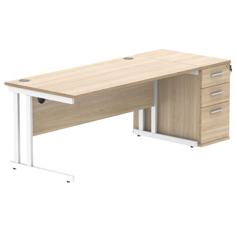 Double Upright Rectangular Desk + Desk High Pedestal | 1600X800 | Canadian Oak/White