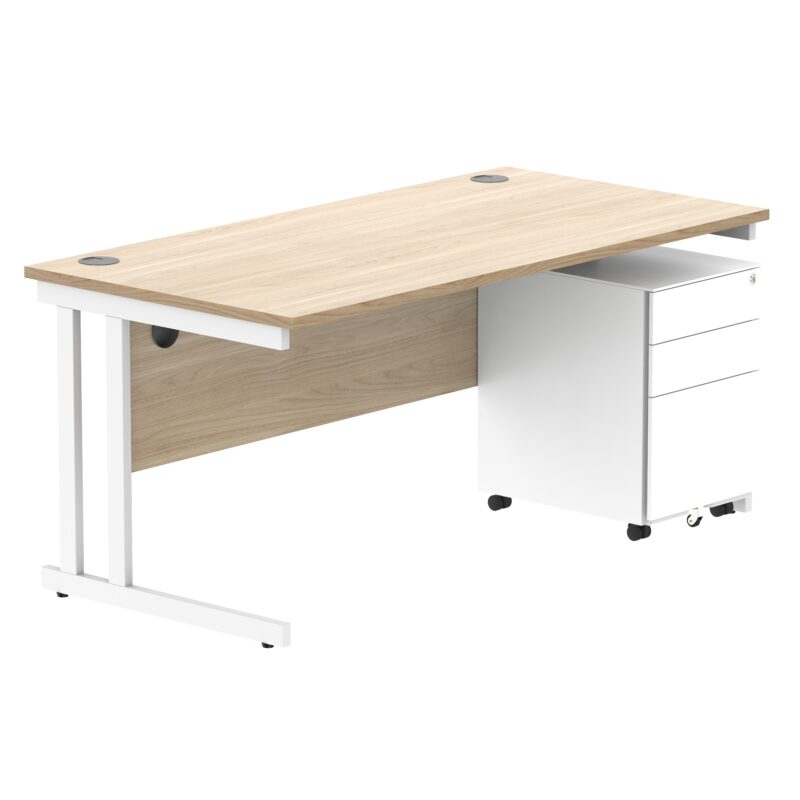 Double Upright Rectangular Desk + Under Desk Steel Pedestal 3 Drawers | 1600X800 | Canadian Oak/White