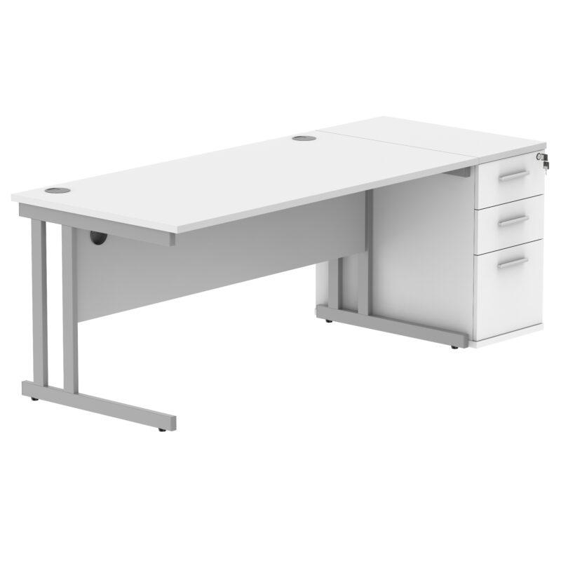 Double Upright Rectangular Desk + Desk High Pedestal | 1600X800 | Arctic White/Silver