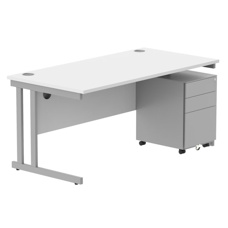 Double Upright Rectangular Desk + Under Desk Steel Pedestal 3 Drawers | 1600X800 | Arctic White/Silver