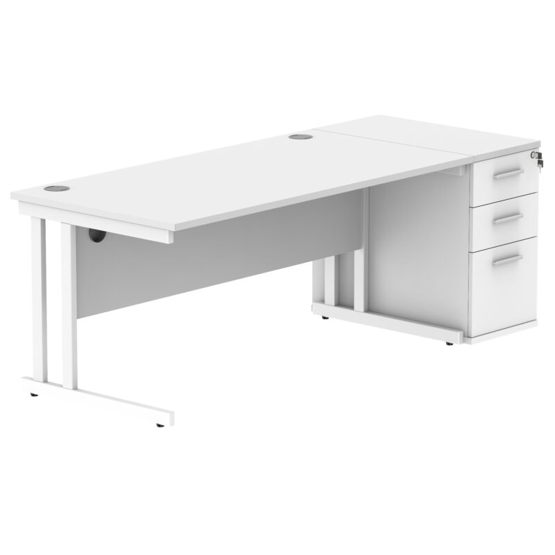 Double Upright Rectangular Desk + Desk High Pedestal | 1600X800 | Arctic White/White