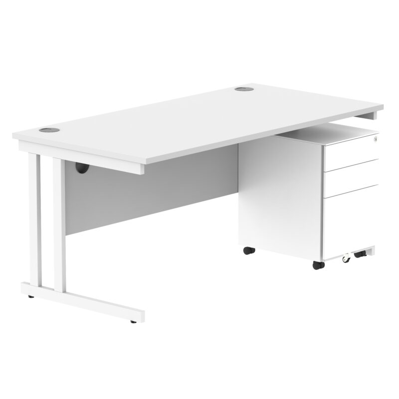 Double Upright Rectangular Desk + Under Desk Steel Pedestal 3 Drawers | 1600X800 | Arctic White/White