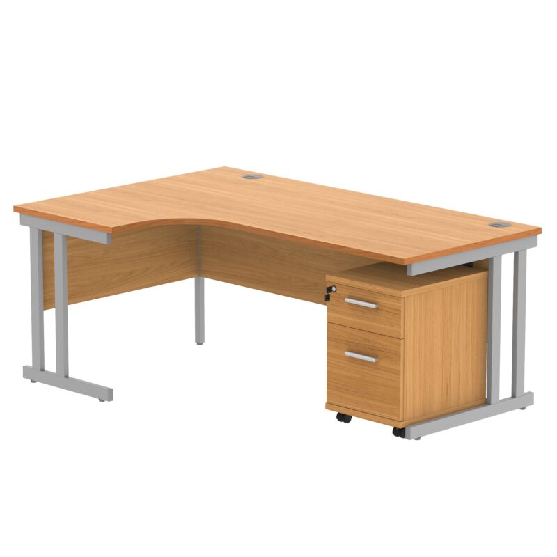 Double Upright Left Hand Radial Desk + 2 Drawer Mobile Under Desk Pedestal | 1800X1200 | Norwegian Beech/Silver