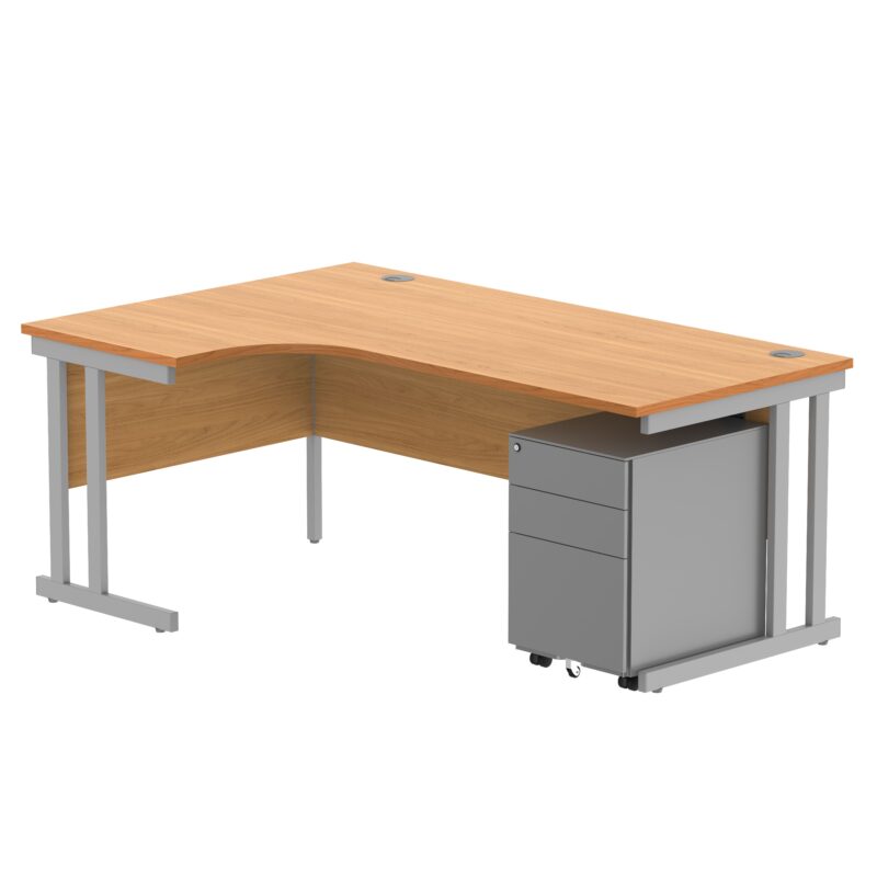 Double Upright Left Hand Radial Desk + Under Desk Steel Pedestal 3 Drawers | 1800X1200 | Norwegian Beech/Silver