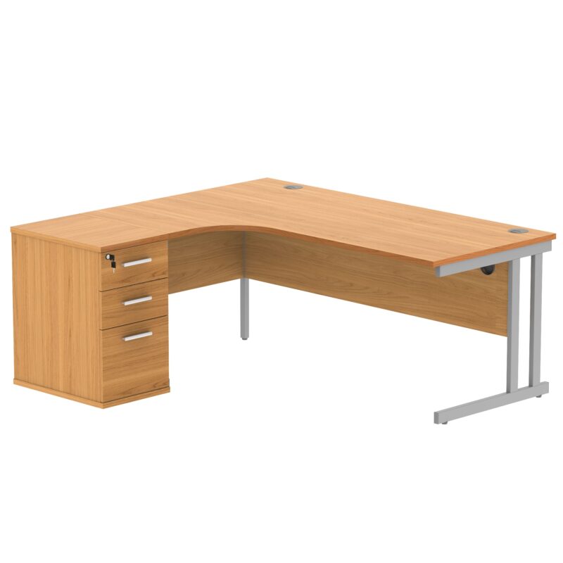 Double Upright Left Hand Radial Desk + Desk High Pedestal | 600mm Deep Pedestal | 1800X1200 | Norwegian Beech/Silver