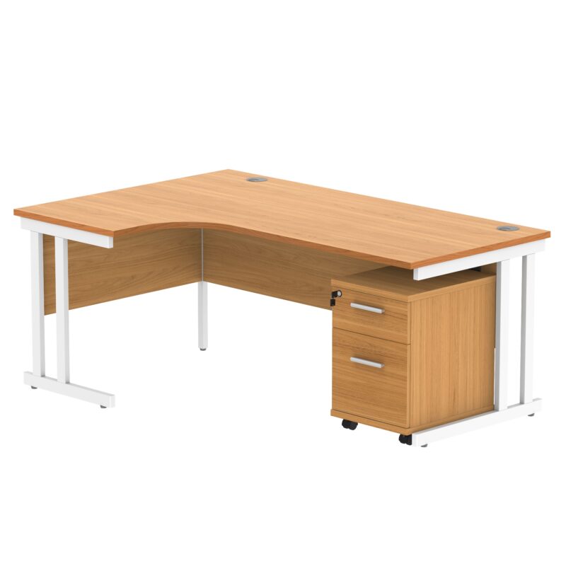 Double Upright Left Hand Radial Desk + 2 Drawer Mobile Under Desk Pedestal | 1800X1200 | Norwegian Beech/White