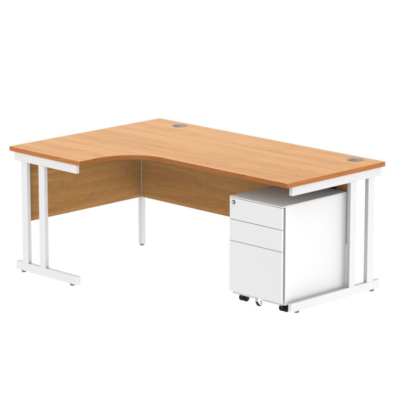 Double Upright Left Hand Radial Desk + Under Desk Steel Pedestal 3 Drawers | 1800X1200 | Norwegian Beech/White