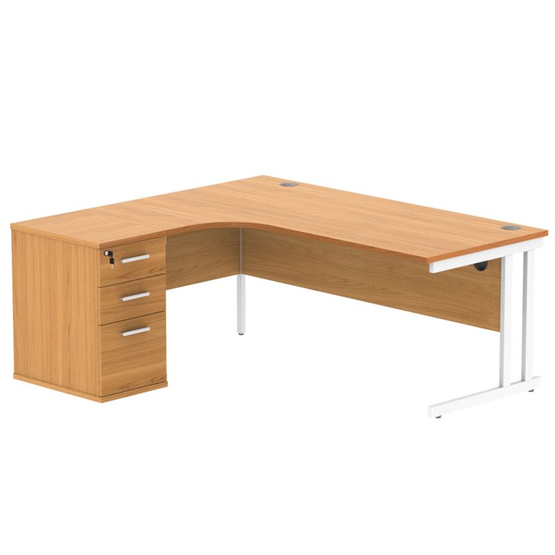 Double Upright Left Hand Radial Desk + Desk High Pedestal | 600mm Deep Pedestal | 1800X1200 | Norwegian Beech/White