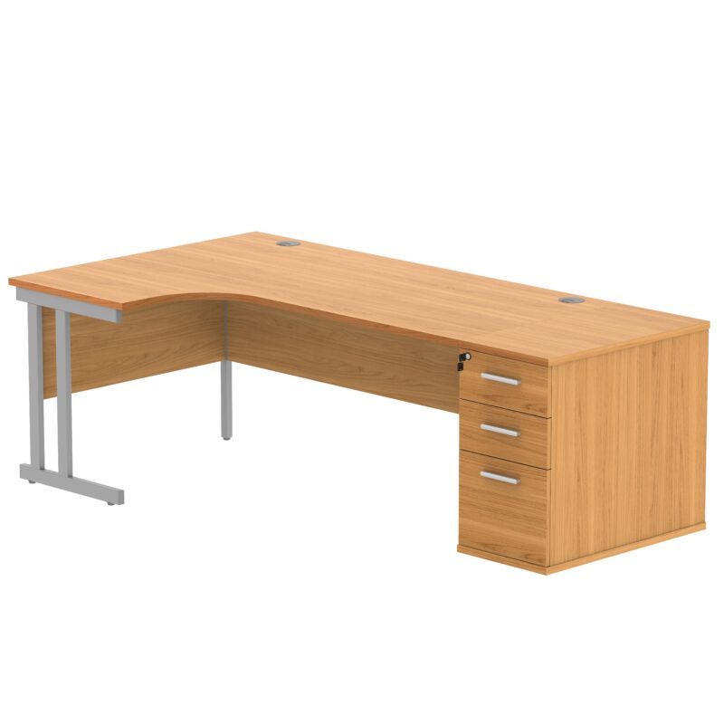 Double Upright Left Hand Radial Desk + Desk High Pedestal | 800mm Deep Pedestal | 1800X1200 | Norwegian Beech/Silver