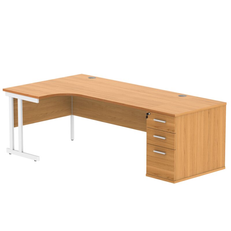 Double Upright Left Hand Radial Desk + Desk High Pedestal | 800mm Deep Pedestal | 1800X1200 | Norwegian Beech/White