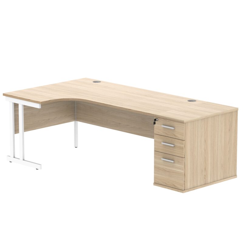 Double Upright Left Hand Radial Desk + Desk High Pedestal | 800mm Deep Pedestal | 1800X1200 | Canadian Oak/White