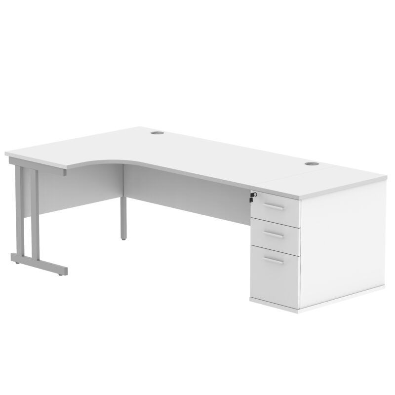 Double Upright Left Hand Radial Desk + Desk High Pedestal | 800mm Deep Pedestal | 1800X1200 | Arctic White/Silver