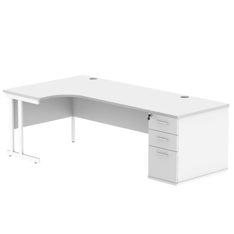 Double Upright Left Hand Radial Desk + Desk High Pedestal | 800mm Deep Pedestal | 1800X1200 | Arctic White/White