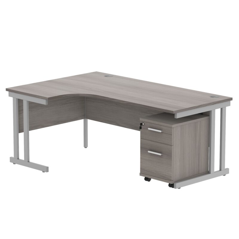 Double Upright Left Hand Radial Desk + 2 Drawer Mobile Under Desk Pedestal | 1800X1200 | Alaskan Grey Oak/Silver