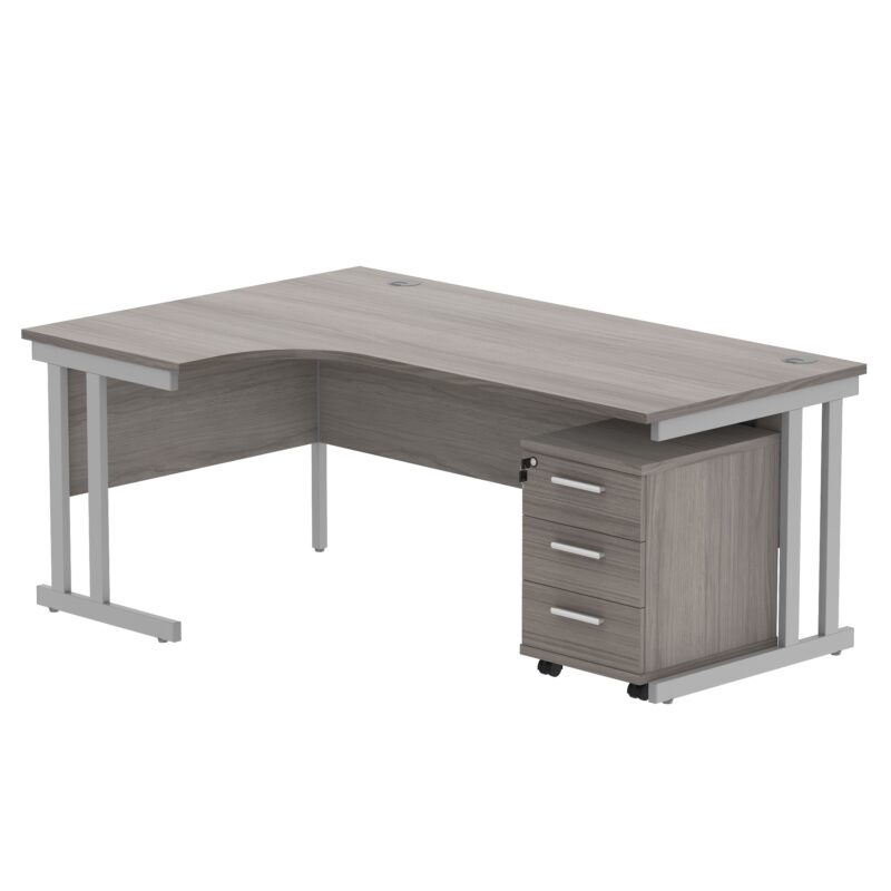 Double Upright Left Hand Radial Desk + 3 Drawer Mobile Under Desk Pedestal | 1800X1200 | Alaskan Grey Oak/Silver