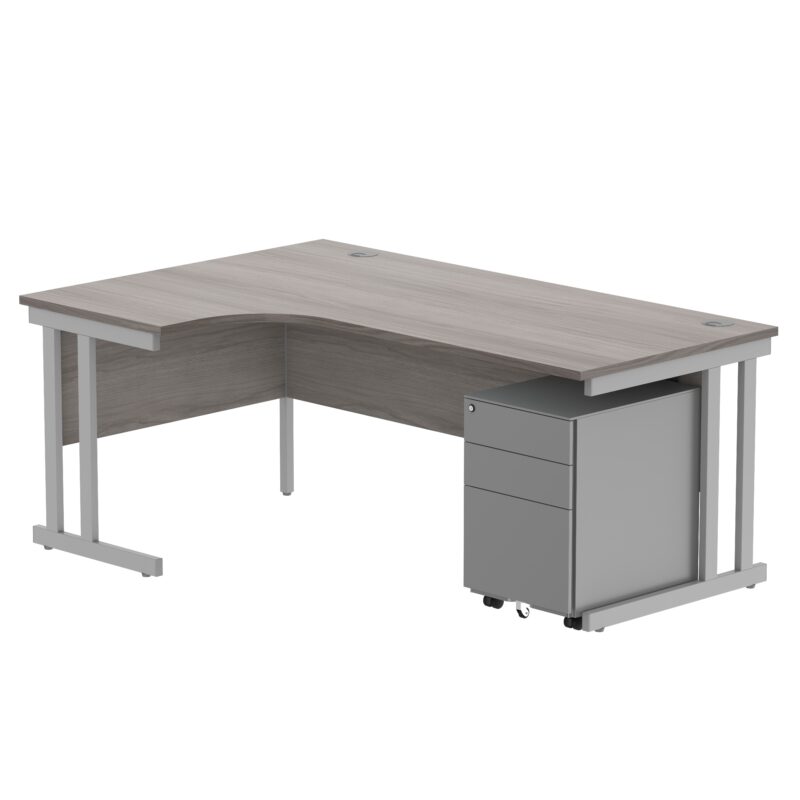 Double Upright Left Hand Radial Desk + Under Desk Steel Pedestal 3 Drawers | 1800X1200 | Alaskan Grey Oak/Silver