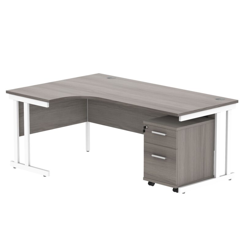 Double Upright Left Hand Radial Desk + 2 Drawer Mobile Under Desk Pedestal | 1800X1200 | Alaskan Grey Oak/White