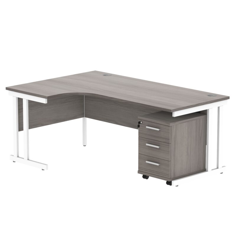 Double Upright Left Hand Radial Desk + 3 Drawer Mobile Under Desk Pedestal | 1800X1200 | Alaskan Grey Oak/White