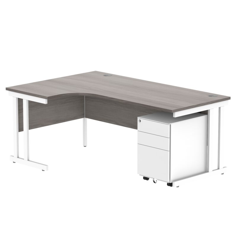 Double Upright Left Hand Radial Desk + Under Desk Steel Pedestal 3 Drawers | 1800X1200 | Alaskan Grey Oak/White