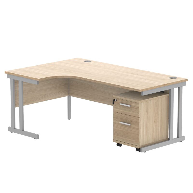 Double Upright Left Hand Radial Desk + 2 Drawer Mobile Under Desk Pedestal | 1800X1200 | Canadian Oak/Silver