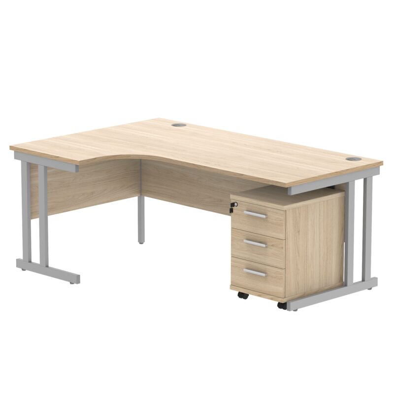 Double Upright Left Hand Radial Desk + 3 Drawer Mobile Under Desk Pedestal | 1800X1200 | Canadian Oak/Silver