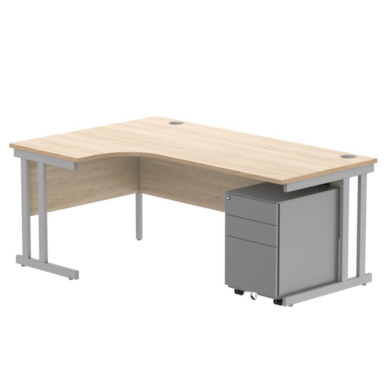 Double Upright Left Hand Radial Desk + Under Desk Steel Pedestal 3 Drawers | 1800X1200 | Canadian Oak/Silver