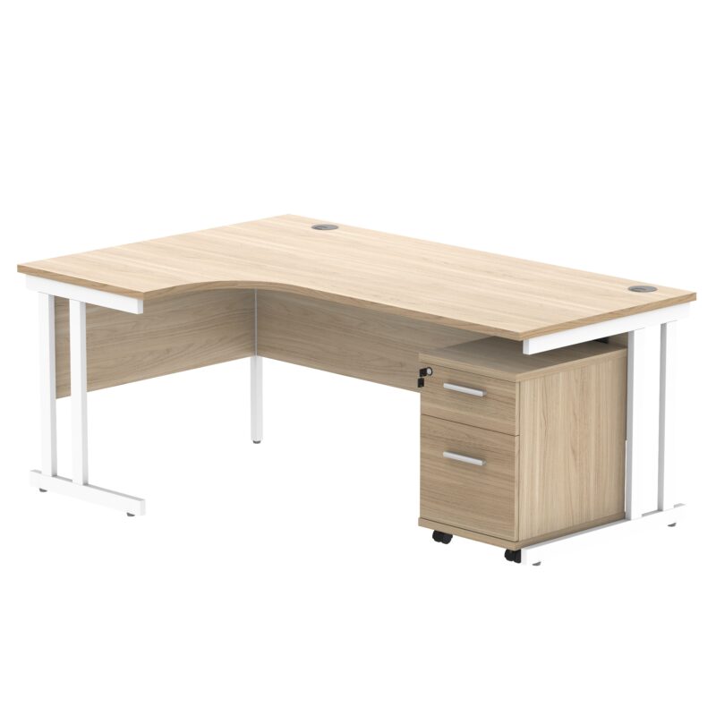 Double Upright Left Hand Radial Desk + 2 Drawer Mobile Under Desk Pedestal | 1800X1200 | Canadian Oak/White