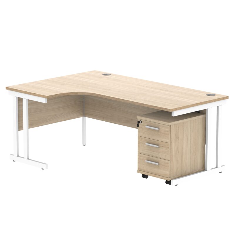 Double Upright Left Hand Radial Desk + 3 Drawer Mobile Under Desk Pedestal | 1800X1200 | Canadian Oak/White