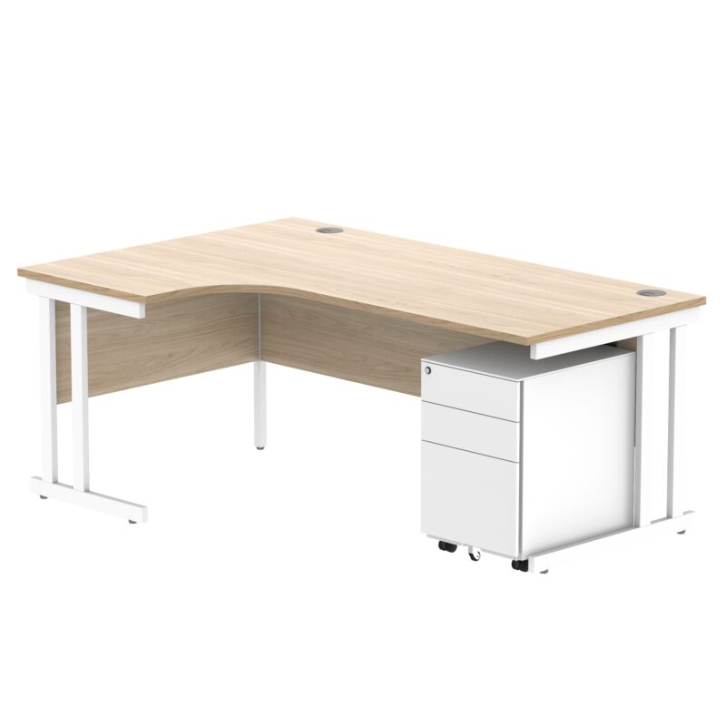 Double Upright Left Hand Radial Desk + Under Desk Steel Pedestal 3 Drawers | 1800X1200 | Canadian Oak/White