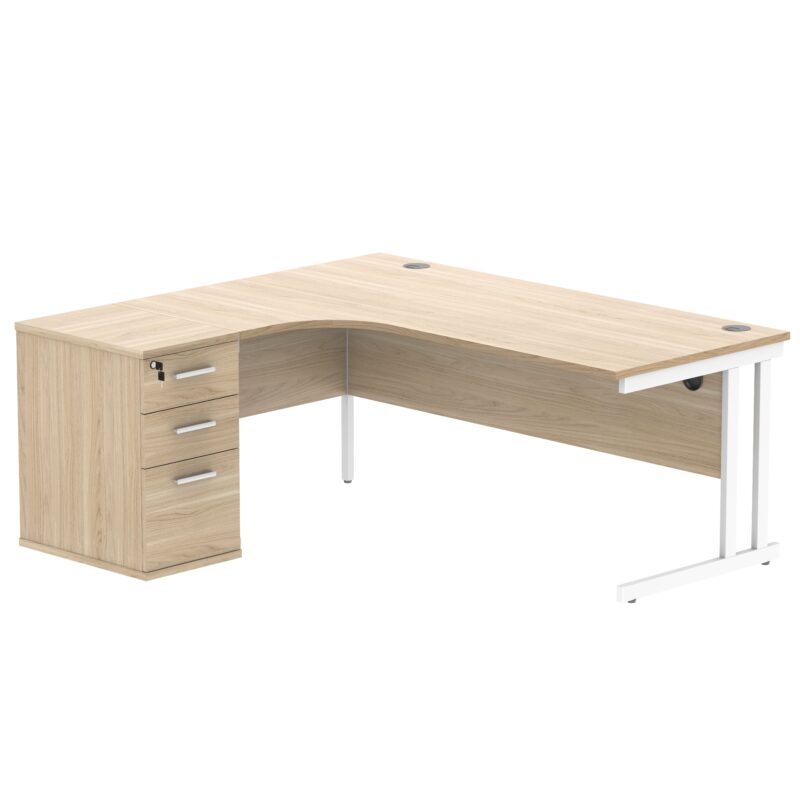 Double Upright Left Hand Radial Desk + Desk High Pedestal | 600mm Deep Pedestal | 1800X1200 | Canadian Oak/White