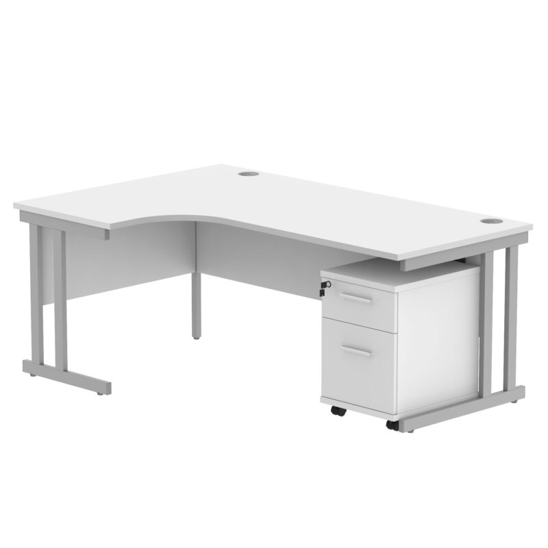 Double Upright Left Hand Radial Desk + 2 Drawer Mobile Under Desk Pedestal | 1800X1200 | Arctic White/Silver