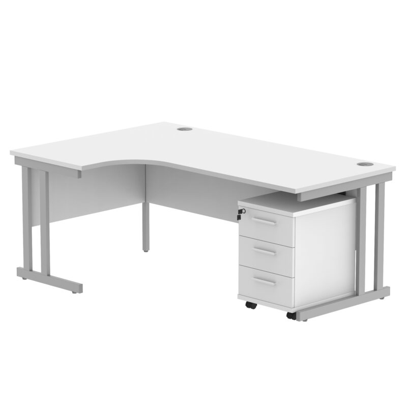 Double Upright Left Hand Radial Desk + 3 Drawer Mobile Under Desk Pedestal | 1800X1200 | Arctic White/Silver