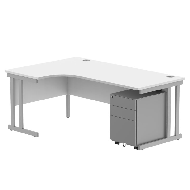 Double Upright Left Hand Radial Desk + Under Desk Steel Pedestal 3 Drawers | 1800X1200 | Arctic White/Silver