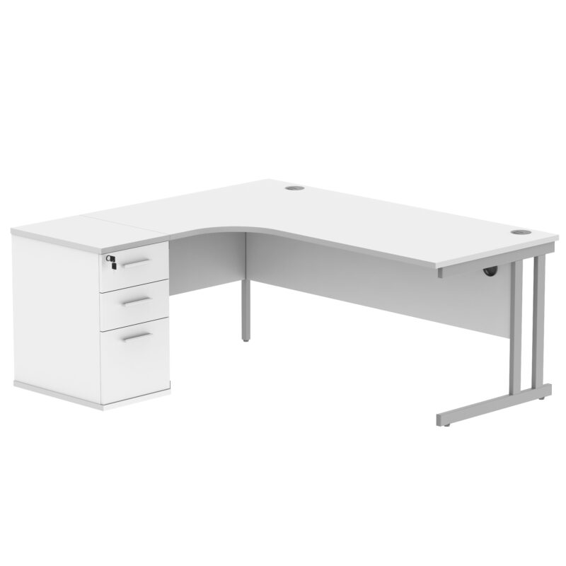 Double Upright Left Hand Radial Desk + Desk High Pedestal | 600mm Deep Pedestal | 1800X1200 | Arctic White/Silver