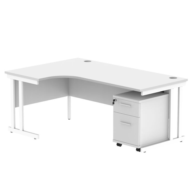 Double Upright Left Hand Radial Desk + 2 Drawer Mobile Under Desk Pedestal | 1800X1200 | Arctic White/White