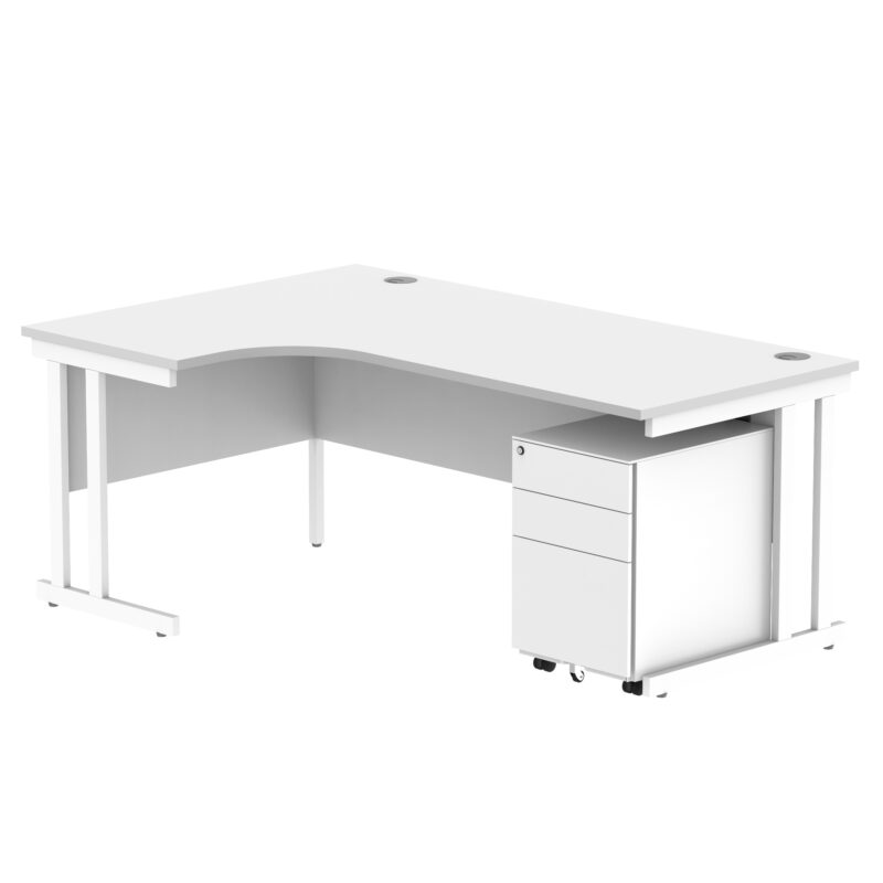 Double Upright Left Hand Radial Desk + Under Desk Steel Pedestal 3 Drawers | 1800X1200 | Arctic White/White